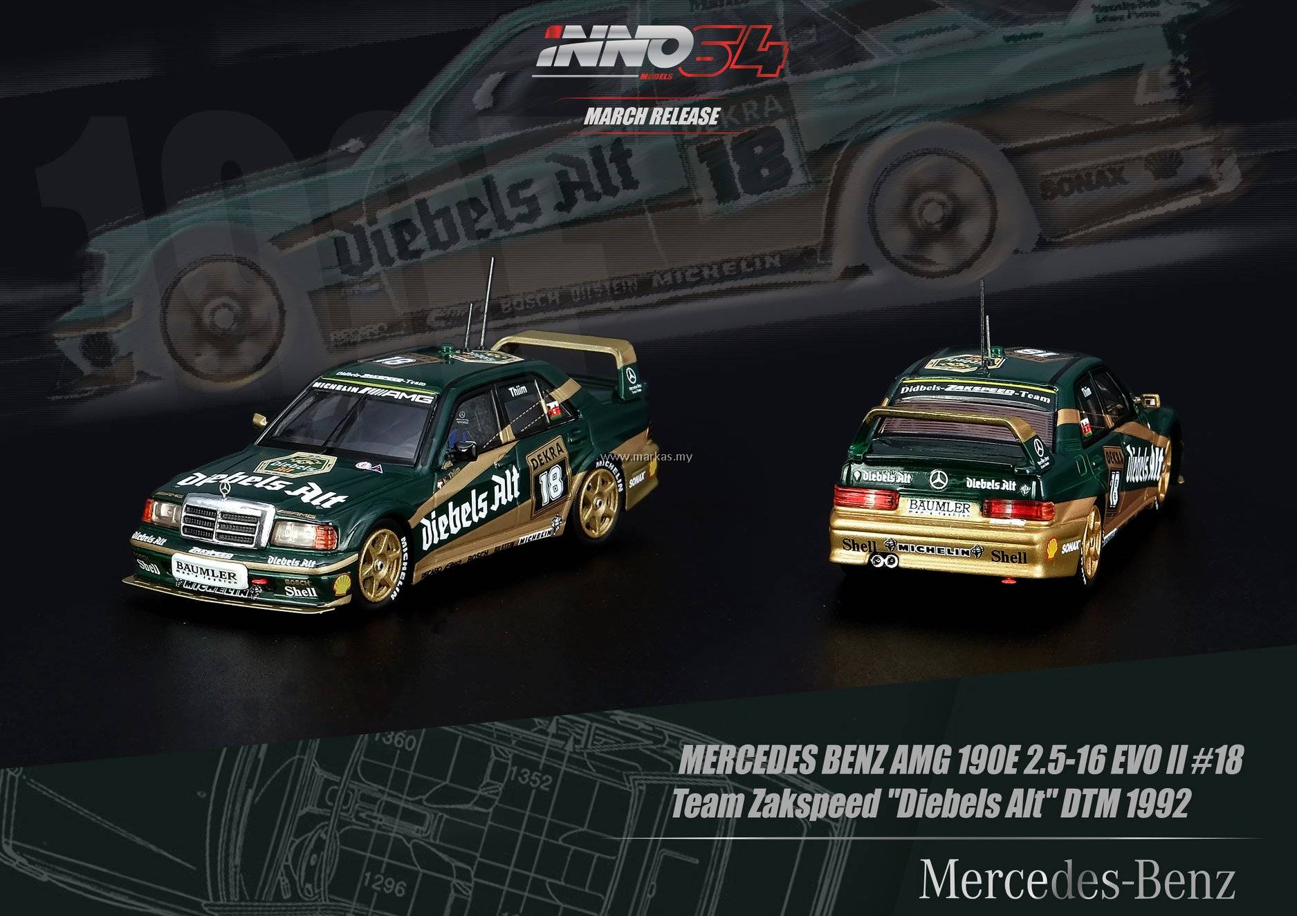 INNO MODELS INNO64 1/64 MERCEDES BENZ AMG 190E 2.5-16 EVO II #18 ...