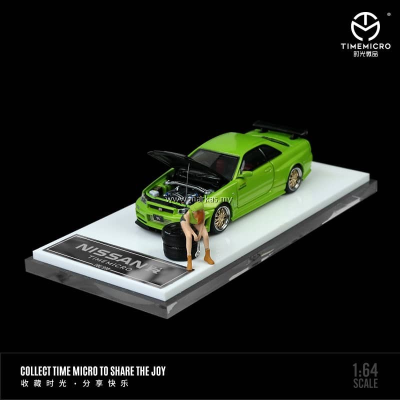 TIME MICRO 1/64 NISSAN GT-R R34 Z-TUNE METALLIC GREEN WITH FIGURE