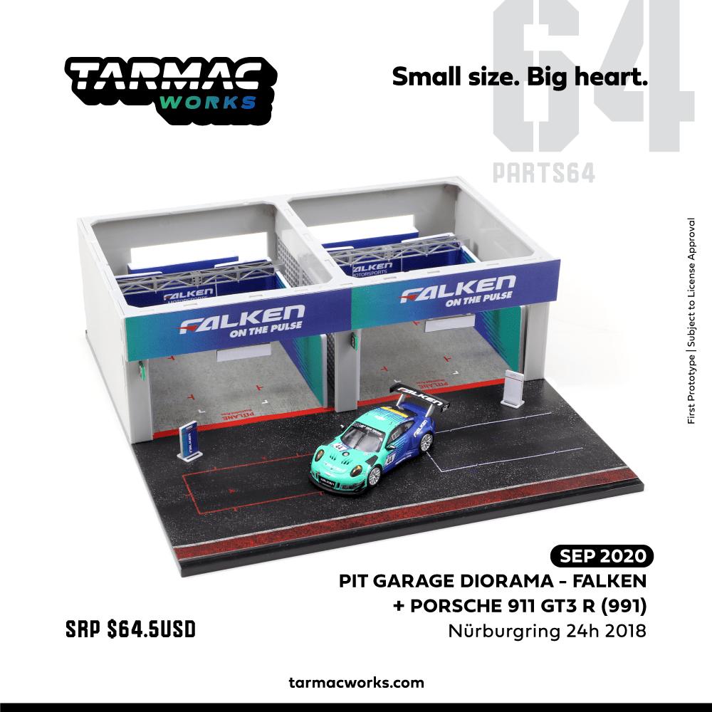 PO) TARMAC WORKS 1/64 PIT GARAGE DIORAMA - FALKEN + PORSCHE